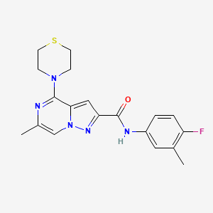 molecular formula C19H20FN5OS B2400988 N-(4-fluoro-3-methylphenyl)-6-methyl-4-(thiomorpholin-4-yl)pyrazolo[1,5-a]pyrazine-2-carboxamide CAS No. 1775441-53-6