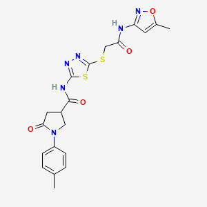 molecular formula C20H20N6O4S2 B2401145 N-(5-((2-((5-methylisoxazol-3-yl)amino)-2-oxoethyl)thio)-1,3,4-thiadiazol-2-yl)-5-oxo-1-(p-tolyl)pyrrolidine-3-carboxamide CAS No. 872595-14-7