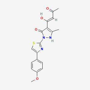 molecular formula C18H17N3O4S B2401286 3-Hydroxy-1-[5-hydroxy-1-[4-(4-methoxyphenyl)-2-thiazolyl]-3-methyl-1H-pyrazol-4-yl]-2-buten-1-one CAS No. 245039-38-7