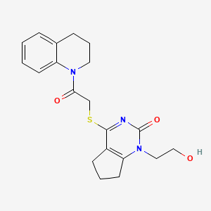 molecular formula C20H23N3O3S B2401482 4-((2-(3,4-dihydroquinolin-1(2H)-yl)-2-oxoethyl)thio)-1-(2-hydroxyethyl)-6,7-dihydro-1H-cyclopenta[d]pyrimidin-2(5H)-one CAS No. 941920-13-4