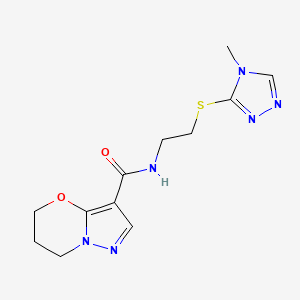 molecular formula C12H16N6O2S B2401546 N-(2-((4-methyl-4H-1,2,4-triazol-3-yl)thio)ethyl)-6,7-dihydro-5H-pyrazolo[5,1-b][1,3]oxazine-3-carboxamide CAS No. 1448043-87-5