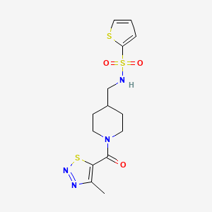 molecular formula C14H18N4O3S3 B2401671 N-((1-(4-methyl-1,2,3-thiadiazole-5-carbonyl)piperidin-4-yl)methyl)thiophene-2-sulfonamide CAS No. 1235117-03-9