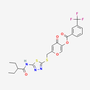 molecular formula C22H20F3N3O5S2 B2401725 6-(((5-(2-ethylbutanamido)-1,3,4-thiadiazol-2-yl)thio)methyl)-4-oxo-4H-pyran-3-yl 3-(trifluoromethyl)benzoate CAS No. 896012-77-4