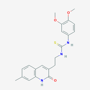 molecular formula C21H23N3O3S B2401884 1-(3,4-Dimethoxyphenyl)-3-(2-(7-methyl-2-oxo-1,2-dihydroquinolin-3-yl)ethyl)thiourea CAS No. 887890-97-3