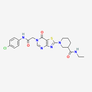 molecular formula C21H23ClN6O3S B2401889 1-(6-(2-((4-chlorophenyl)amino)-2-oxoethyl)-7-oxo-6,7-dihydrothiazolo[4,5-d]pyrimidin-2-yl)-N-ethylpiperidine-3-carboxamide CAS No. 1115868-11-5