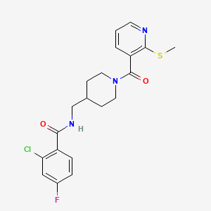molecular formula C20H21ClFN3O2S B2401908 2-chloro-4-fluoro-N-((1-(2-(methylthio)nicotinoyl)piperidin-4-yl)methyl)benzamide CAS No. 1234972-19-0