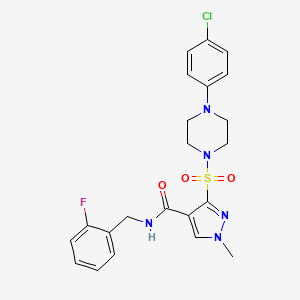 molecular formula C22H23ClFN5O3S B2401933 3-{[4-(4-chlorophenyl)piperazin-1-yl]sulfonyl}-N-[(2-fluorophenyl)methyl]-1-methyl-1H-pyrazole-4-carboxamide CAS No. 1251679-58-9
