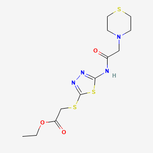 molecular formula C12H18N4O3S3 B2401935 Ethyl 2-[(5-{[2-(1,4-thiazinan-4-yl)acetyl]amino}-1,3,4-thiadiazol-2-yl)sulfanyl]acetate CAS No. 329698-61-5