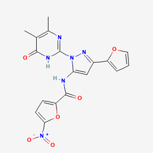 molecular formula C18H14N6O6 B2401971 N-(1-(4,5-dimethyl-6-oxo-1,6-dihydropyrimidin-2-yl)-3-(furan-2-yl)-1H-pyrazol-5-yl)-5-nitrofuran-2-carboxamide CAS No. 1172069-93-0