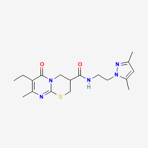 molecular formula C18H25N5O2S B2402172 N-(2-(3,5-dimethyl-1H-pyrazol-1-yl)ethyl)-7-ethyl-8-methyl-6-oxo-2,3,4,6-tetrahydropyrimido[2,1-b][1,3]thiazine-3-carboxamide CAS No. 1421499-39-9