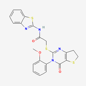 molecular formula C22H18N4O3S3 B2402179 N-(benzo[d]thiazol-2-yl)-2-((3-(2-methoxyphenyl)-4-oxo-3,4,6,7-tetrahydrothieno[3,2-d]pyrimidin-2-yl)thio)acetamide CAS No. 362501-82-4
