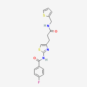 molecular formula C18H16FN3O2S2 B2402298 4-fluoro-N-(4-(3-oxo-3-((thiophen-2-ylmethyl)amino)propyl)thiazol-2-yl)benzamide CAS No. 1021265-91-7