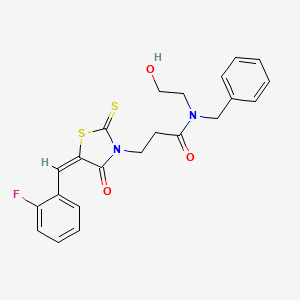 molecular formula C22H21FN2O3S2 B2402385 N-benzyl-3-[(5E)-5-[(2-fluorophenyl)methylidene]-4-oxo-2-sulfanylidene-1,3-thiazolidin-3-yl]-N-(2-hydroxyethyl)propanamide CAS No. 477512-21-3