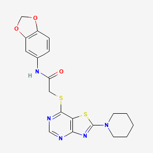 molecular formula C19H19N5O3S2 B2402387 N-(2H-1,3-BENZODIOXOL-5-YL)-2-{[2-(PIPERIDIN-1-YL)-[1,3]THIAZOLO[4,5-D]PYRIMIDIN-7-YL]SULFANYL}ACETAMIDE CAS No. 1189688-07-0
