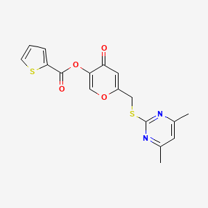 molecular formula C17H14N2O4S2 B2402396 6-(((4,6-dimethylpyrimidin-2-yl)thio)methyl)-4-oxo-4H-pyran-3-yl thiophene-2-carboxylate CAS No. 877637-99-5