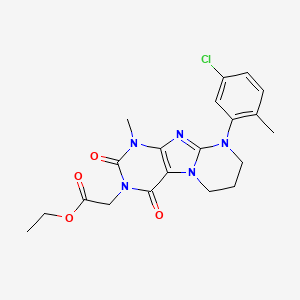 molecular formula C20H22ClN5O4 B2402659 ethyl 2-(9-(5-chloro-2-methylphenyl)-1-methyl-2,4-dioxo-1,2,6,7,8,9-hexahydropyrimido[2,1-f]purin-3(4H)-yl)acetate CAS No. 893998-71-5