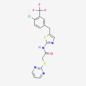 molecular formula C17H12ClF3N4OS2 B2402665 N-(5-(4-chloro-3-(trifluoromethyl)benzyl)thiazol-2-yl)-2-(pyrimidin-2-ylthio)acetamide CAS No. 842970-97-2