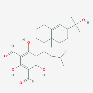 molecular formula C28H40O6 B240290 5-[(1R)-1-[(1R,4R,6S,8aR)-6-(2-hydroxypropan-2-yl)-4,8a-dimethyl-2,3,4,6,7,8-hexahydro-1H-naphthalen-1-yl]-3-methylbutyl]-2,4,6-trihydroxybenzene-1,3-dicarbaldehyde CAS No. 142628-54-4