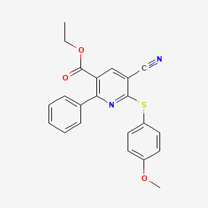 molecular formula C22H18N2O3S B2402998 Ethyl 5-cyano-6-((4-methoxyphenyl)sulfanyl)-2-phenylnicotinate CAS No. 306980-02-9