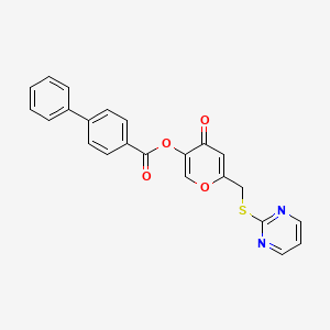 molecular formula C23H16N2O4S B2403027 4-oxo-6-((pyrimidin-2-ylthio)methyl)-4H-pyran-3-yl [1,1'-biphenyl]-4-carboxylate CAS No. 877636-82-3