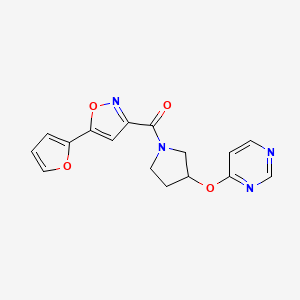 molecular formula C16H14N4O4 B2403053 (5-(Furan-2-yl)isoxazol-3-yl)(3-(pyrimidin-4-yloxy)pyrrolidin-1-yl)methanone CAS No. 2034327-61-0