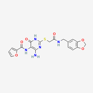 molecular formula C19H17N5O6S B2403175 N-(4-amino-2-((2-((benzo[d][1,3]dioxol-5-ylmethyl)amino)-2-oxoethyl)thio)-6-oxo-1,6-dihydropyrimidin-5-yl)furan-2-carboxamide CAS No. 868226-43-1
