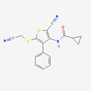 molecular formula C17H13N3OS2 B2403224 N-{2-cyano-5-[(cyanomethyl)sulfanyl]-4-phenyl-3-thienyl}cyclopropanecarboxamide CAS No. 860609-95-6