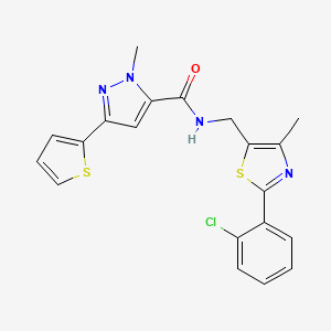 molecular formula C20H17ClN4OS2 B2403239 N-((2-(2-chlorophenyl)-4-methylthiazol-5-yl)methyl)-1-methyl-3-(thiophen-2-yl)-1H-pyrazole-5-carboxamide CAS No. 1421490-06-3