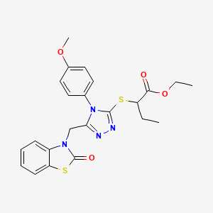 molecular formula C23H24N4O4S2 B2403322 ethyl 2-((4-(4-methoxyphenyl)-5-((2-oxobenzo[d]thiazol-3(2H)-yl)methyl)-4H-1,2,4-triazol-3-yl)thio)butanoate CAS No. 847403-35-4