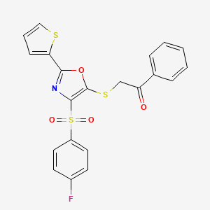 molecular formula C21H14FNO4S3 B2403369 2-((4-((4-Fluorophenyl)sulfonyl)-2-(thiophen-2-yl)oxazol-5-yl)thio)-1-phenylethanone CAS No. 850927-97-8