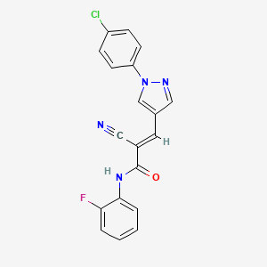 molecular formula C19H12ClFN4O B2403370 (E)-3-[1-(4-chlorophenyl)pyrazol-4-yl]-2-cyano-N-(2-fluorophenyl)prop-2-enamide CAS No. 1181473-98-2