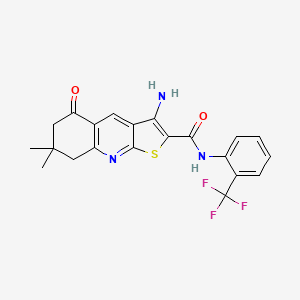molecular formula C21H18F3N3O2S B2403601 3-amino-7,7-dimethyl-5-oxo-N-(2-(trifluoromethyl)phenyl)-5,6,7,8-tetrahydrothieno[2,3-b]quinoline-2-carboxamide CAS No. 799784-93-3