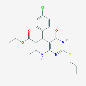 molecular formula C20H22ClN3O3S B2403790 Ethyl 5-(4-chlorophenyl)-7-methyl-4-oxo-2-(propylthio)-3,4,5,8-tetrahydropyrido[2,3-d]pyrimidine-6-carboxylate CAS No. 878123-02-5