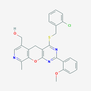 molecular formula C26H22ClN3O3S B2403826 (4-((2-chlorobenzyl)thio)-2-(2-methoxyphenyl)-9-methyl-5H-pyrido[4',3':5,6]pyrano[2,3-d]pyrimidin-6-yl)methanol CAS No. 892279-48-0