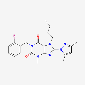 molecular formula C22H25FN6O2 B2403879 7-butyl-8-(3,5-dimethyl-1H-pyrazol-1-yl)-1-(2-fluorobenzyl)-3-methyl-1H-purine-2,6(3H,7H)-dione CAS No. 1020453-78-4