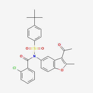 molecular formula C28H26ClNO5S B2404177 N-(3-acetyl-2-methylbenzofuran-5-yl)-N-((4-(tert-butyl)phenyl)sulfonyl)-2-chlorobenzamide CAS No. 448209-37-8