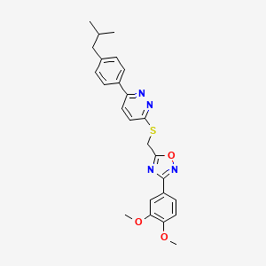 molecular formula C25H26N4O3S B2404396 3-(3,4-Dimethoxyphenyl)-5-(((6-(4-isobutylphenyl)pyridazin-3-yl)thio)methyl)-1,2,4-oxadiazole CAS No. 1114915-69-3