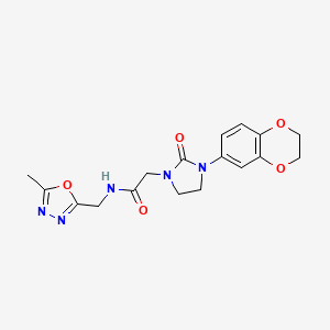 molecular formula C17H19N5O5 B2404419 2-(3-(2,3-dihydrobenzo[b][1,4]dioxin-6-yl)-2-oxoimidazolidin-1-yl)-N-((5-methyl-1,3,4-oxadiazol-2-yl)methyl)acetamide CAS No. 1286719-55-8