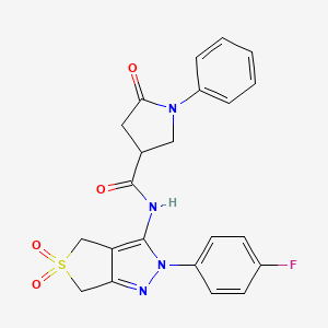molecular formula C22H19FN4O4S B2404440 N-(2-(4-fluorophenyl)-5,5-dioxido-4,6-dihydro-2H-thieno[3,4-c]pyrazol-3-yl)-5-oxo-1-phenylpyrrolidine-3-carboxamide CAS No. 872596-58-2