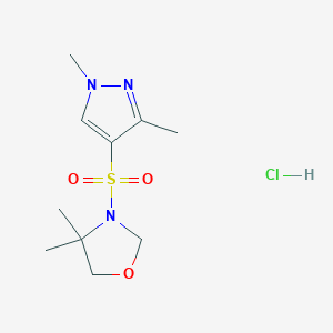 molecular formula C10H18ClN3O3S B2404451 3-((1,3-dimethyl-1H-pyrazol-4-yl)sulfonyl)-4,4-dimethyloxazolidine hydrochloride CAS No. 1327646-93-4