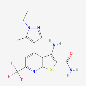 molecular formula C15H14F3N5OS B2404475 3-amino-4-(1-ethyl-5-methyl-1H-pyrazol-4-yl)-6-(trifluoromethyl)thieno[2,3-b]pyridine-2-carboxamide CAS No. 1005566-12-0