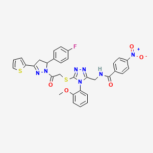molecular formula C32H26FN7O5S2 B2404568 N-((5-((2-(5-(4-fluorophenyl)-3-(thiophen-2-yl)-4,5-dihydro-1H-pyrazol-1-yl)-2-oxoethyl)thio)-4-(2-methoxyphenyl)-4H-1,2,4-triazol-3-yl)methyl)-4-nitrobenzamide CAS No. 393582-99-5