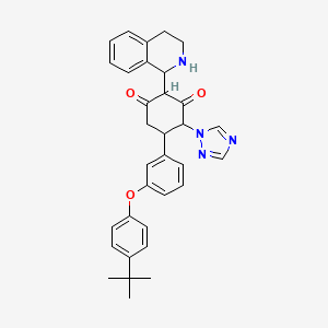 molecular formula C33H34N4O3 B2404649 5-{3-[4-(tert-butyl)phenoxy]phenyl}-2-(1,2,3,4-tetrahydro-1-isoquinolinyl)-4-(1H-1,2,4-triazol-1-yl)-1,3-cyclohexanedione CAS No. 1005068-82-5