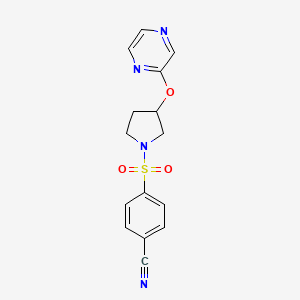 molecular formula C15H14N4O3S B2404677 4-((3-(Pyrazin-2-yloxy)pyrrolidin-1-yl)sulfonyl)benzonitrile CAS No. 2034281-21-3