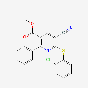 molecular formula C21H15ClN2O2S B2404742 Ethyl 6-((2-chlorophenyl)sulfanyl)-5-cyano-2-phenylnicotinate CAS No. 306980-12-1