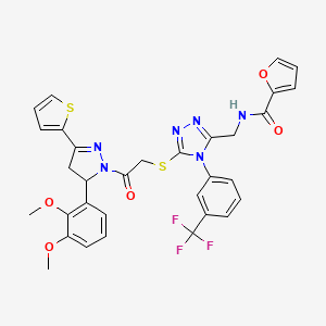 molecular formula C32H27F3N6O5S2 B2404861 N-((5-((2-(5-(2,3-dimethoxyphenyl)-3-(thiophen-2-yl)-4,5-dihydro-1H-pyrazol-1-yl)-2-oxoethyl)thio)-4-(3-(trifluoromethyl)phenyl)-4H-1,2,4-triazol-3-yl)methyl)furan-2-carboxamide CAS No. 393586-02-2