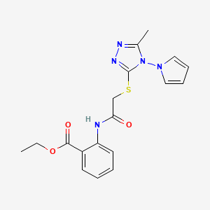 molecular formula C18H19N5O3S B2404866 ethyl 2-(2-{[5-methyl-4-(1H-pyrrol-1-yl)-4H-1,2,4-triazol-3-yl]sulfanyl}acetamido)benzoate CAS No. 896291-02-4