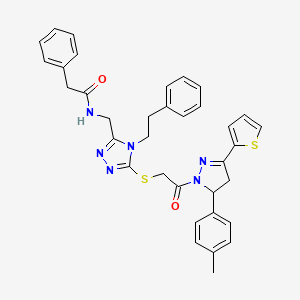 molecular formula C35H34N6O2S2 B2404953 N-((5-((2-oxo-2-(3-(thiophen-2-yl)-5-(p-tolyl)-4,5-dihydro-1H-pyrazol-1-yl)ethyl)thio)-4-phenethyl-4H-1,2,4-triazol-3-yl)methyl)-2-phenylacetamide CAS No. 393783-56-7