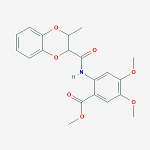 molecular formula C20H21NO7 B2405251 Methyl 4,5-dimethoxy-2-(3-methyl-2,3-dihydrobenzo[b][1,4]dioxine-2-carboxamido)benzoate CAS No. 874464-62-7