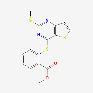 molecular formula C15H12N2O2S3 B2405256 Methyl 2-{[2-(methylsulfanyl)thieno[3,2-d]pyrimidin-4-yl]sulfanyl}benzenecarboxylate CAS No. 672951-72-3
